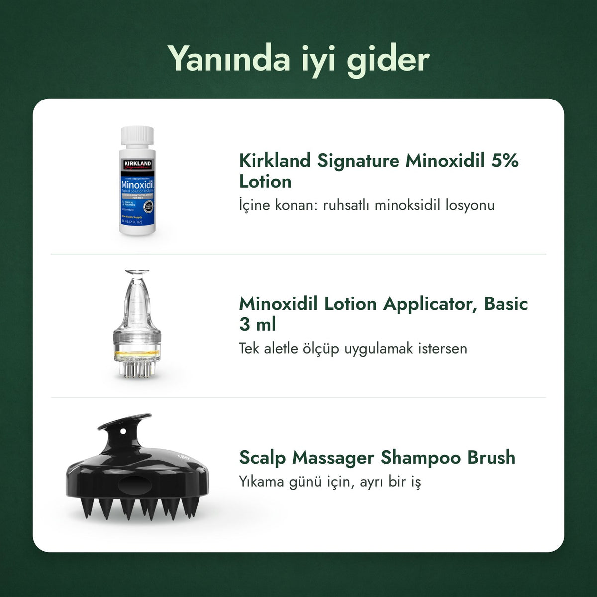 Yanında iyi gider: Kirkland Signature Minoxidil 5%, Minoksidil losyonu aplikatörü, Temel 3 ml, Saç derisi masaj ve şampuan fırçası
