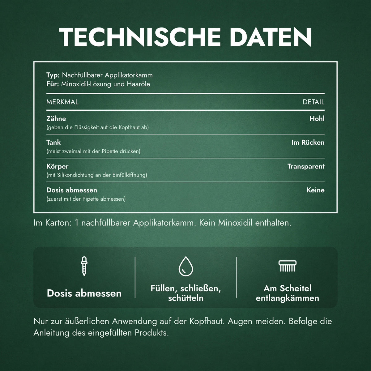 Technische Daten: Minoxidil-Applikatorkamm