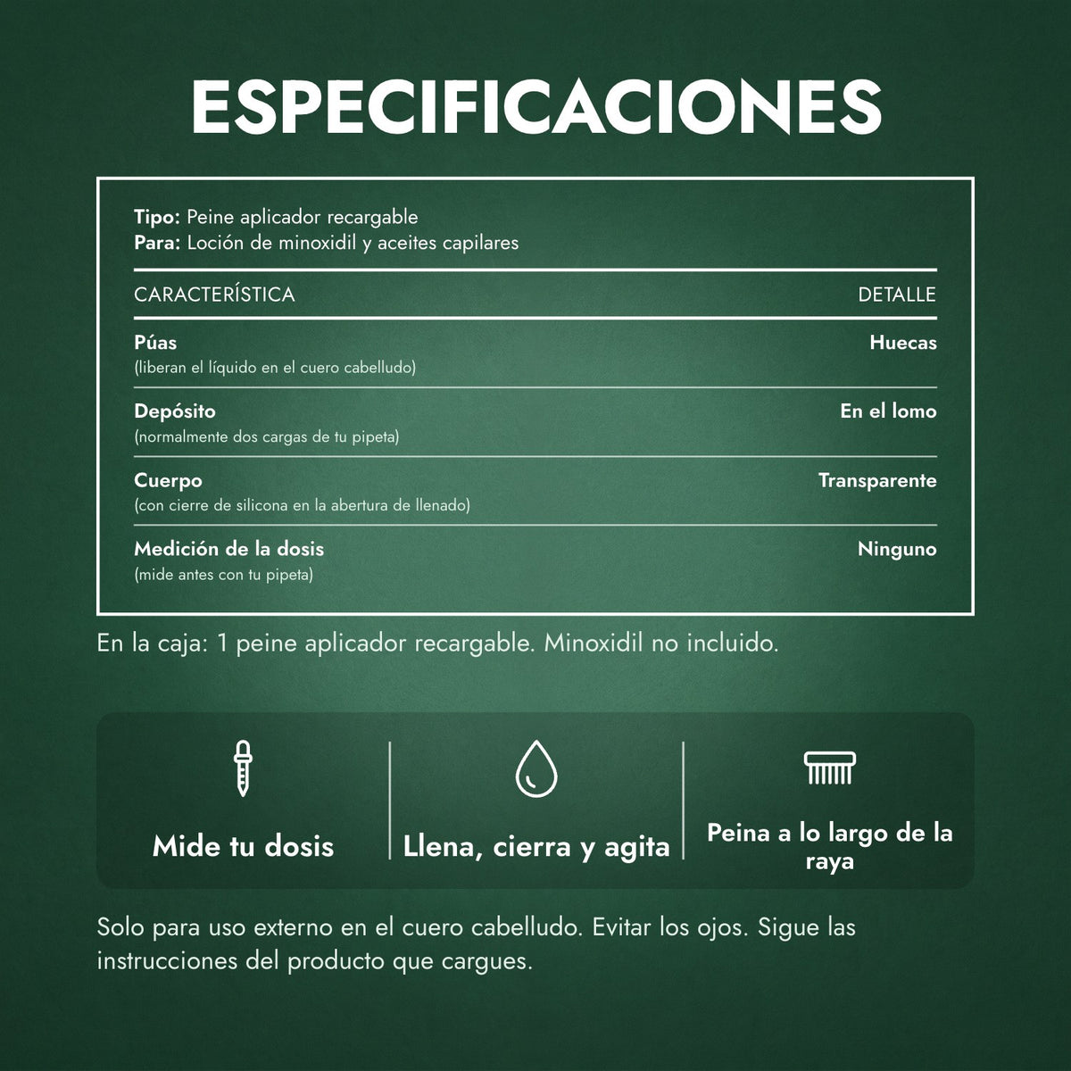 Especificaciones: Peine aplicador de minoxidil