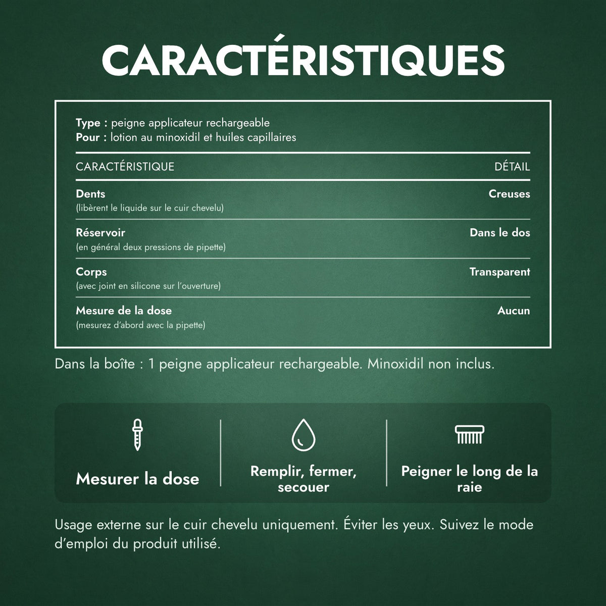 Caractéristiques: Peigne applicateur de minoxidil