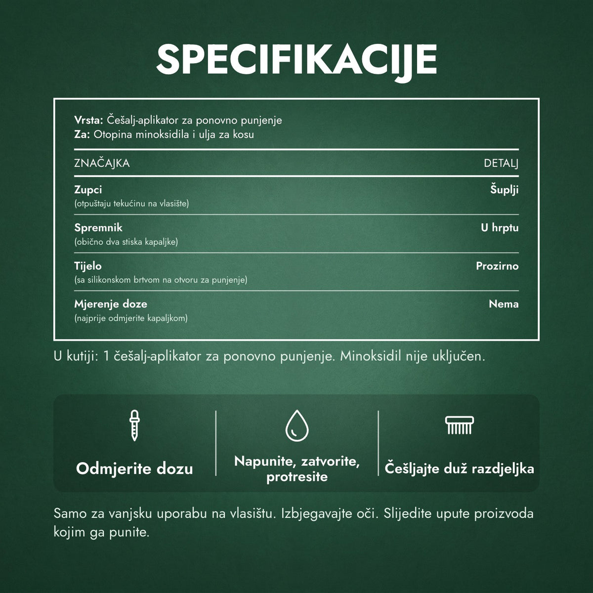 Specifikacije: Češalj-aplikator za minoksidil