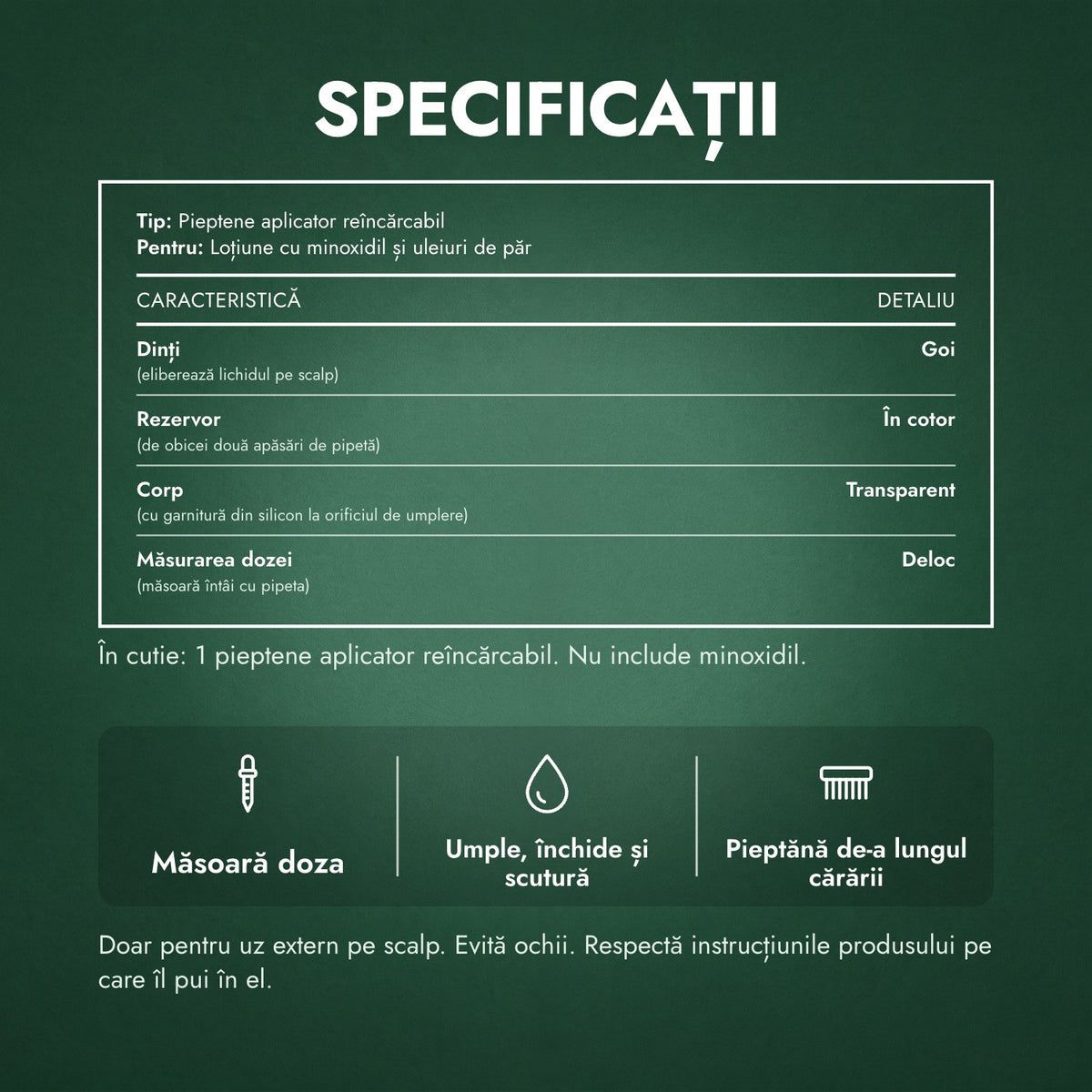 Specificații: Pieptene aplicator pentru minoxidil