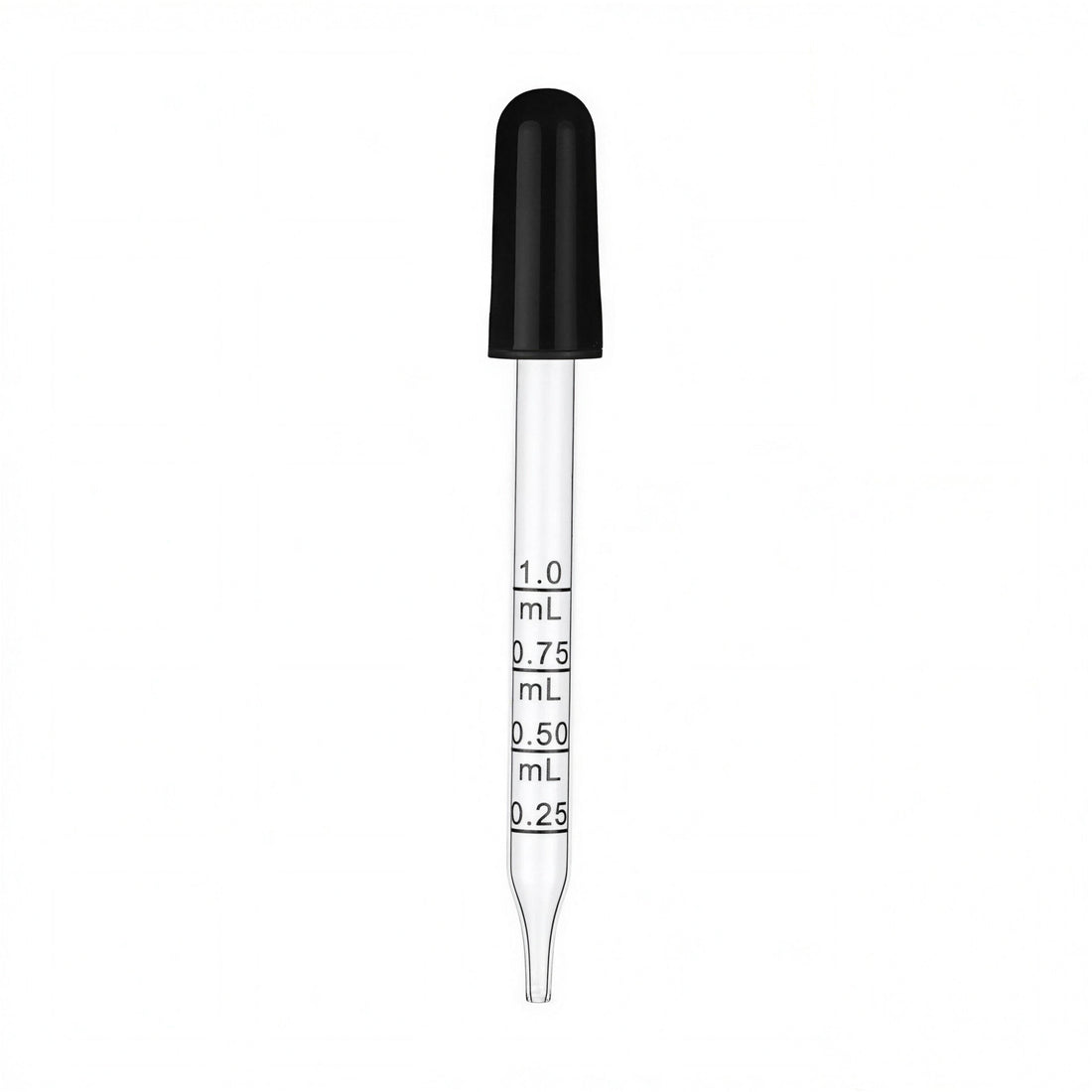 Glass minoxidil lotion dropper with black bulb and 0.25, 0.50, 0.75 and 1.0 mL markings