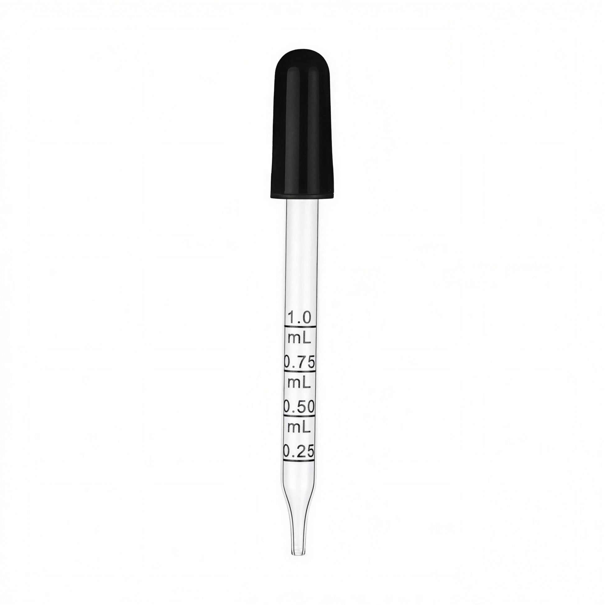 Glass minoxidil lotion dropper with black bulb and 0.25, 0.50, 0.75 and 1.0 mL markings