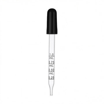 Glass minoxidil lotion dropper with black bulb and 0.25, 0.50, 0.75 and 1.0 mL markings