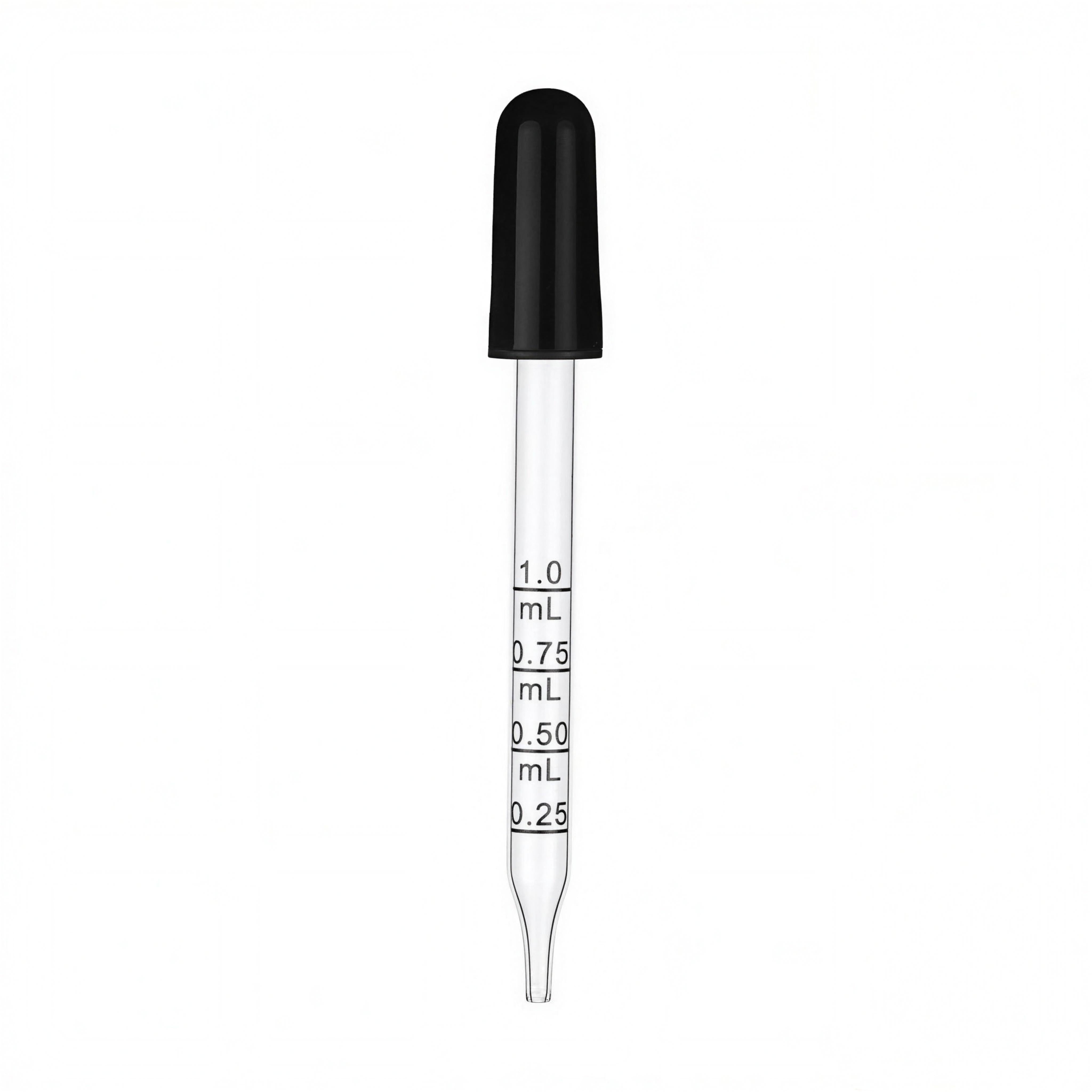 Glass minoxidil lotion dropper with black bulb and 0.25, 0.50, 0.75 and 1.0 mL markings
