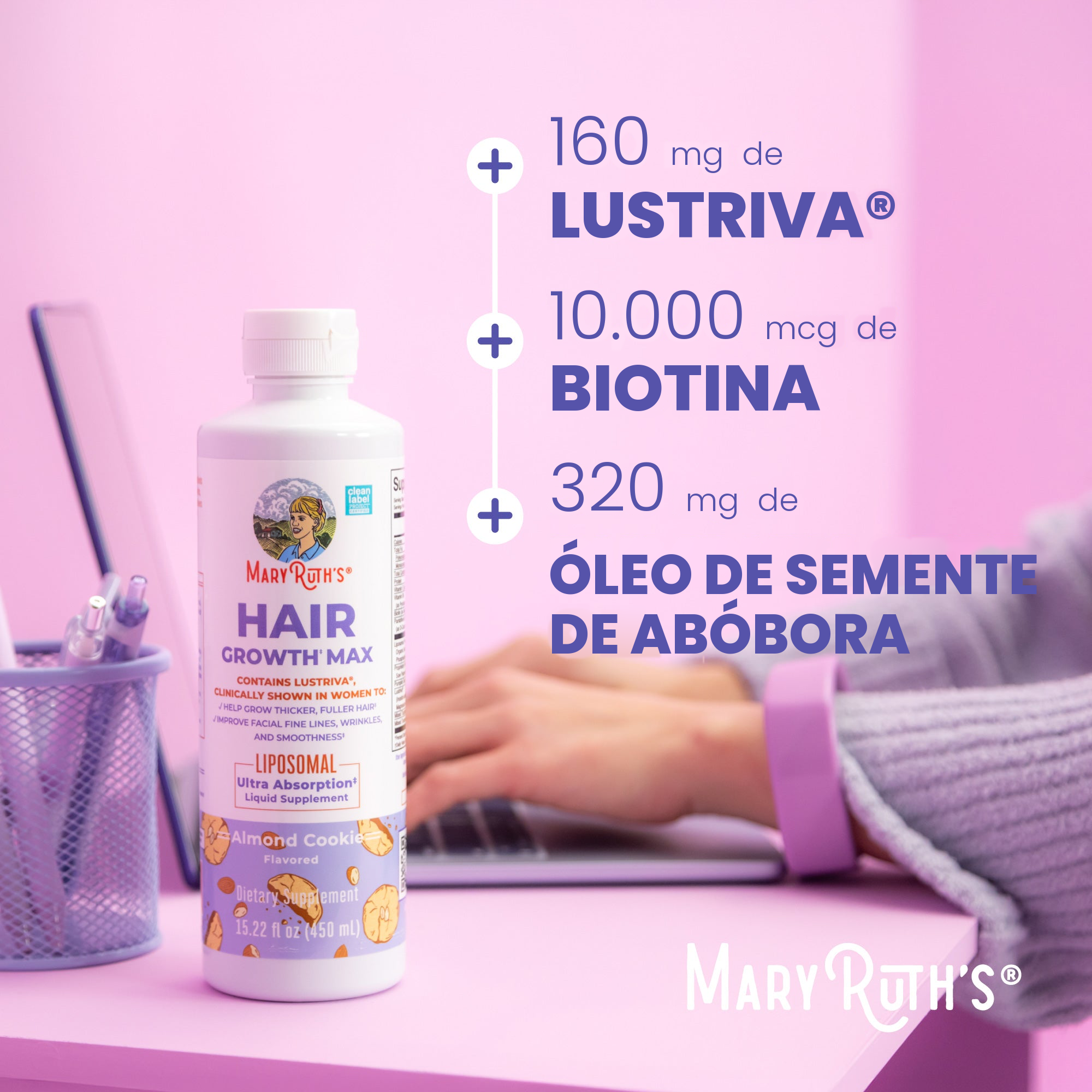 Ingredientes botânicos: óleo de semente de abóbora, fruto de saw palmetto, eclipta e amla
