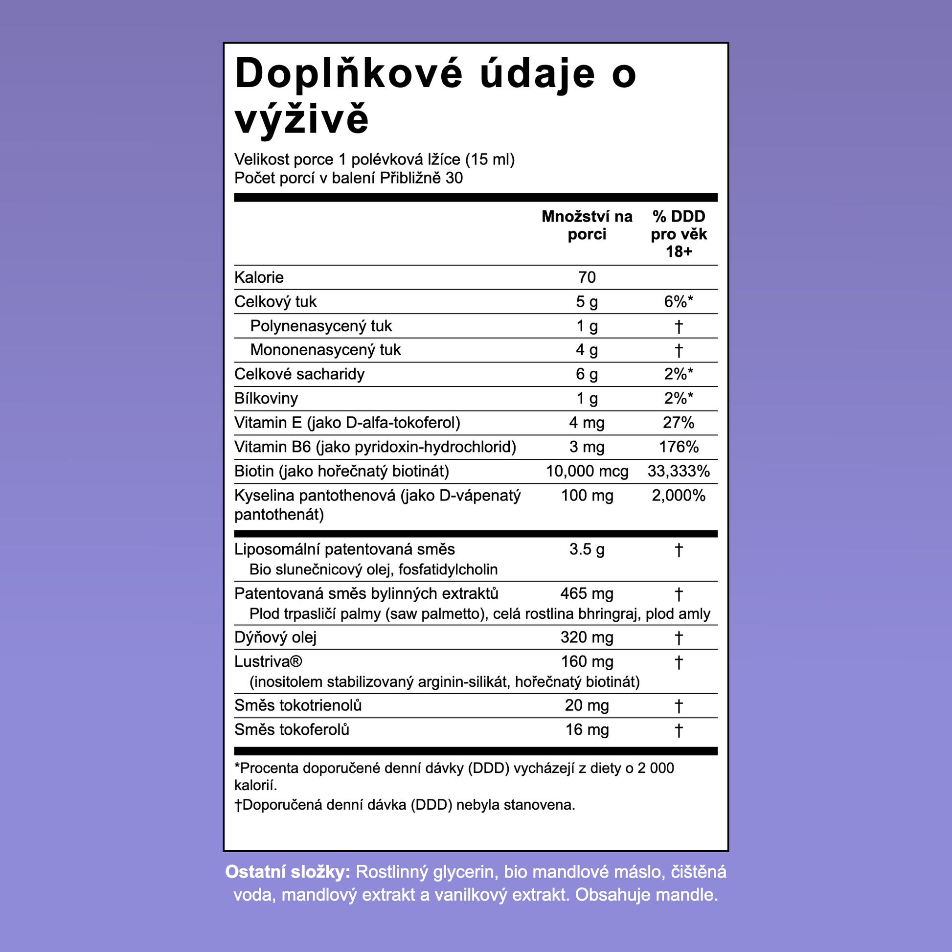 Tabulka výživových údajů pro MaryRuth Hair Growth Max Liposomal