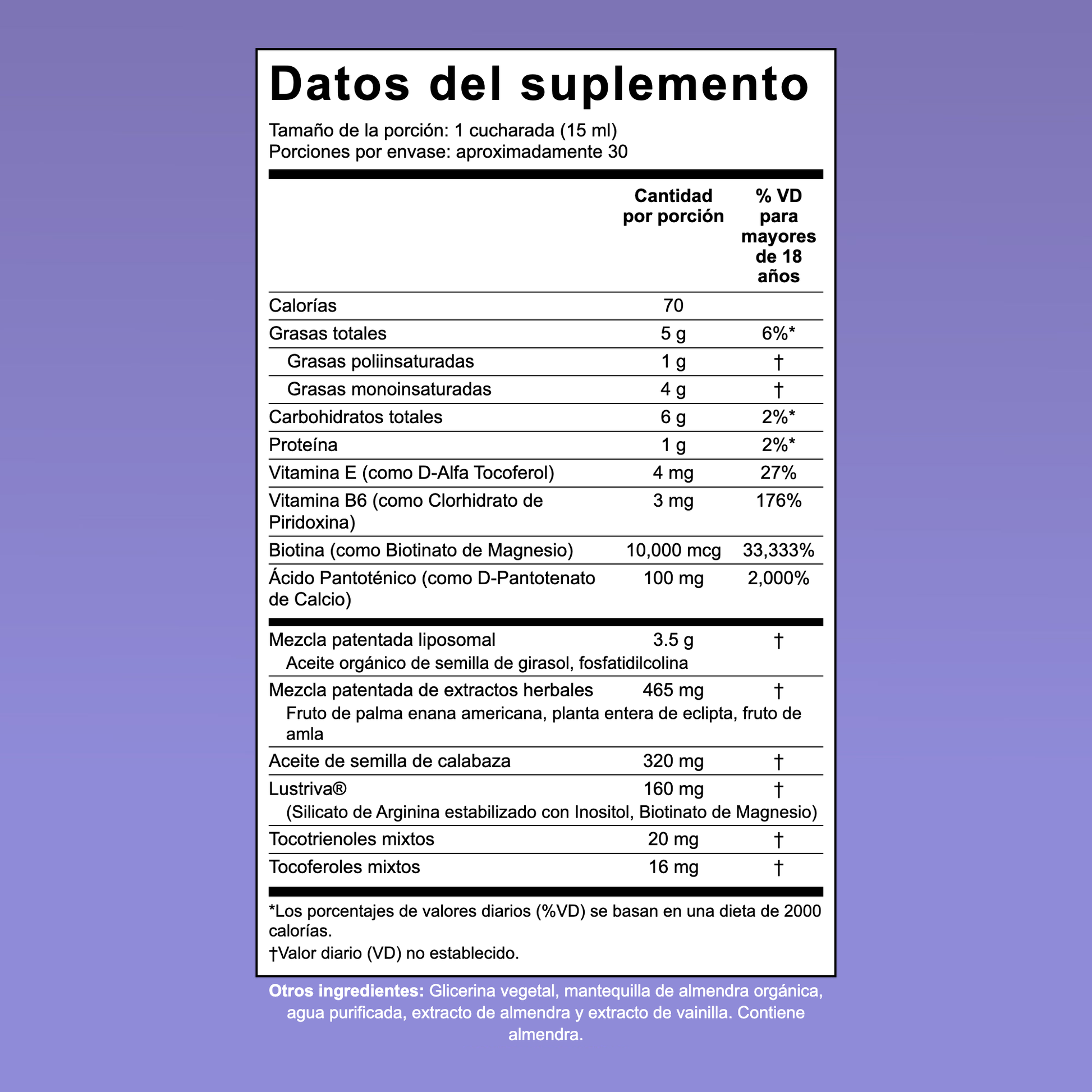 Panel de información nutricional del suplemento MaryRuth Hair Growth Max Liposomal