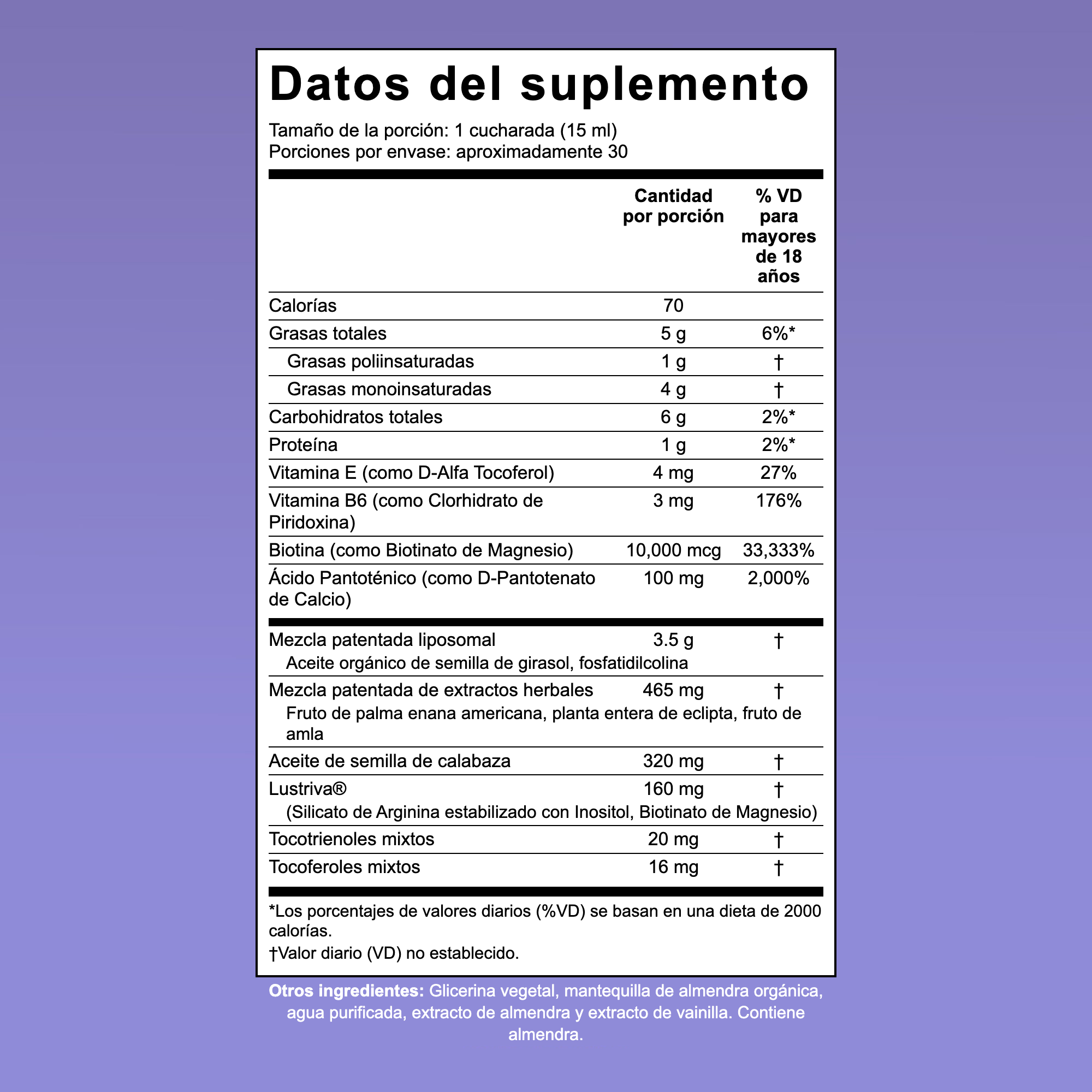 Panel de información nutricional del suplemento MaryRuth Hair Growth Max Liposomal