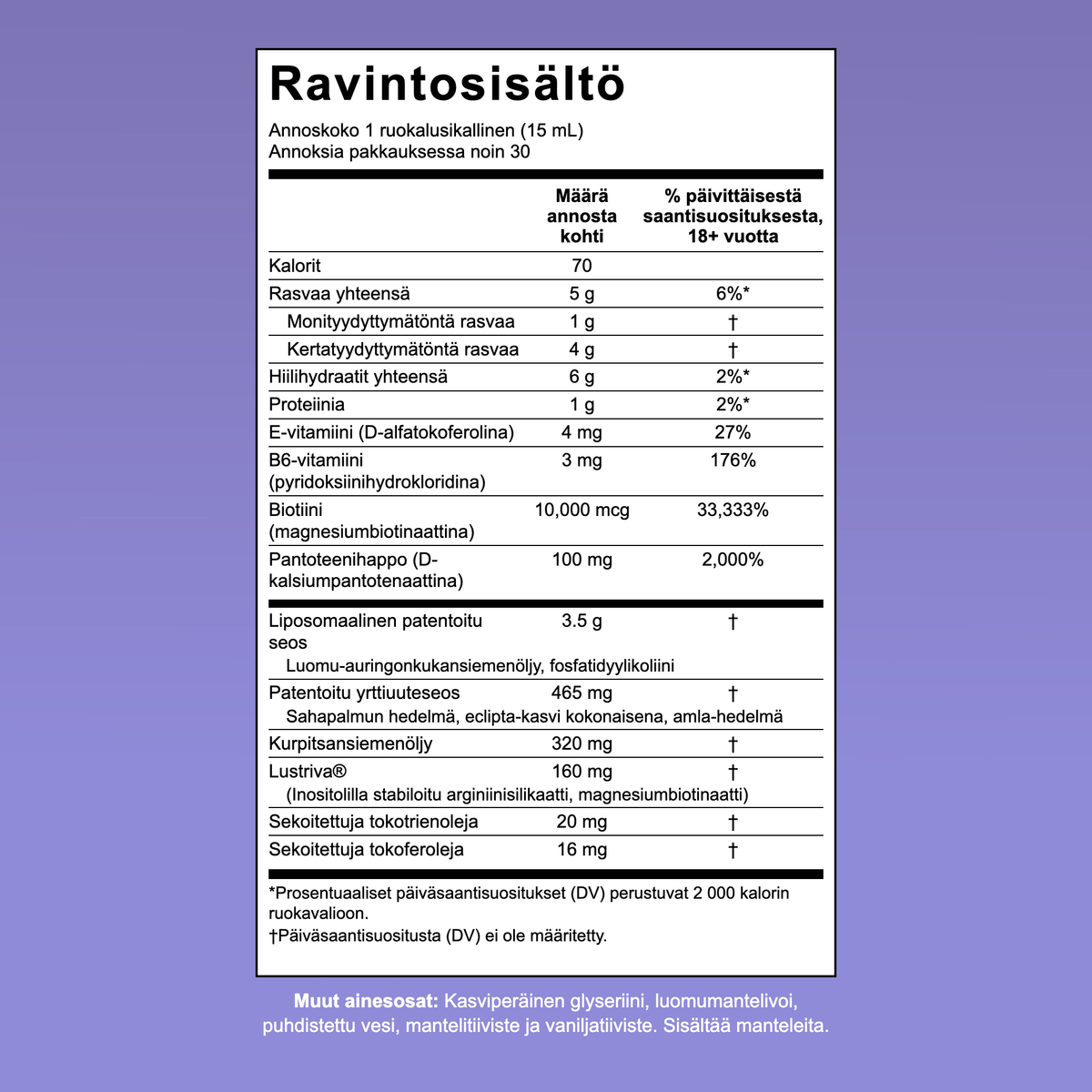 MaryRuth Hair Growth Max Liposomalin ravintosisältötaulukko