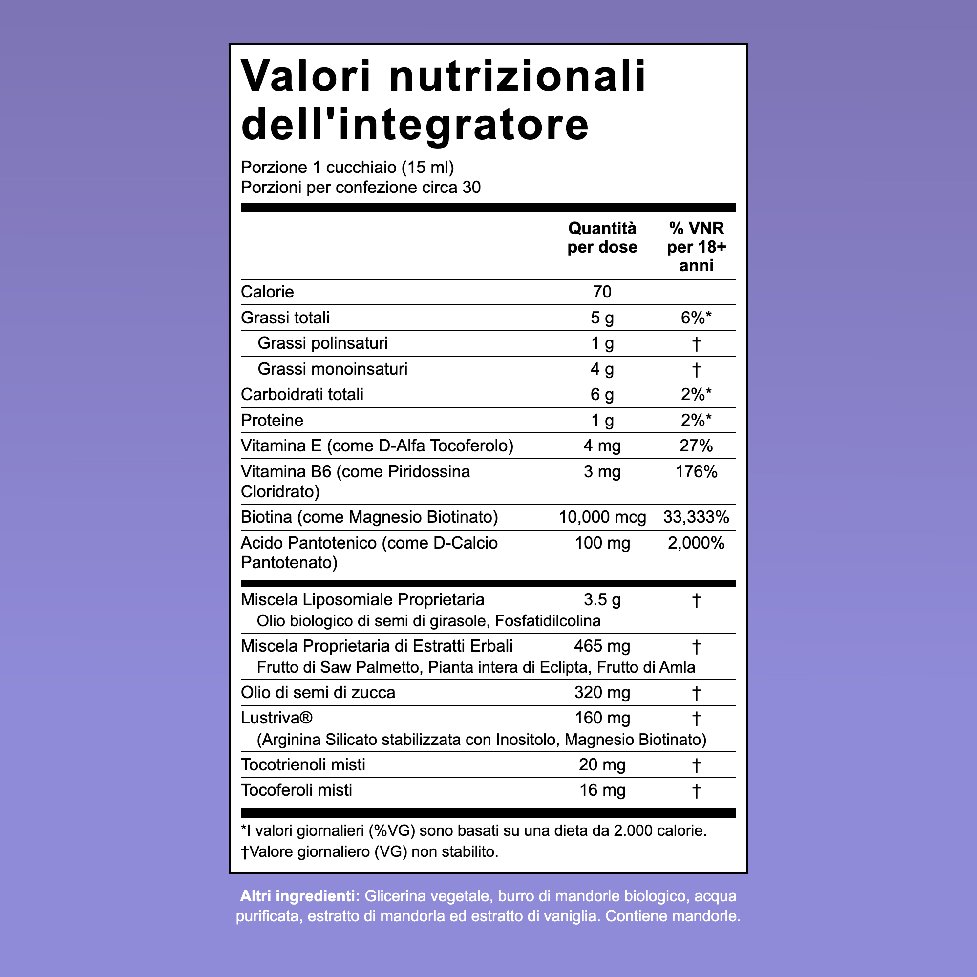 Tabella nutrizionale dell'integratore MaryRuth Hair Growth Max Liposomiale