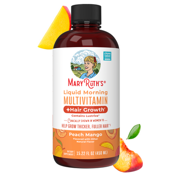 MaryRuth Organics Liquid Morning Multivitamin + Hair Growth 450 ml bottle, peach mango flavour