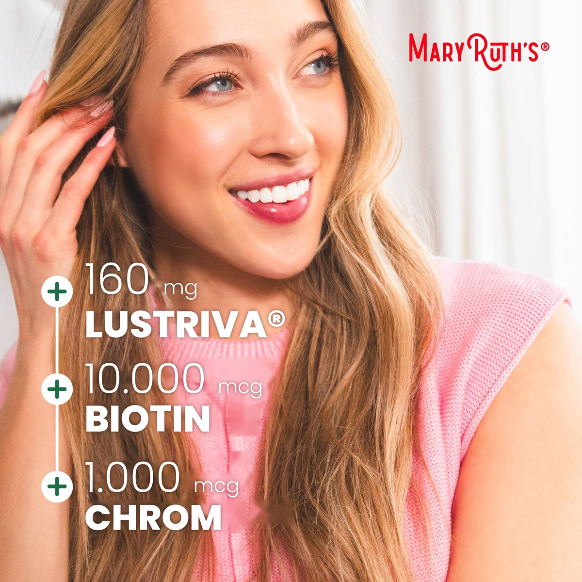 MaryRuth Organics-panel med 160 mg Lustriva, 10.000 mcg biotin og 1000 mcg krom pr. portion