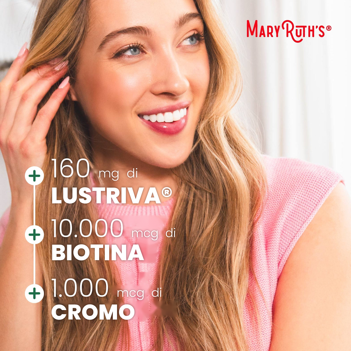 Pannello MaryRuth Organics che indica 160 mg di Lustriva, 10.000 mcg di biotina e 1000 mcg di cromo per dose