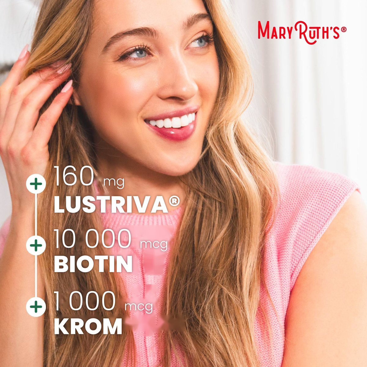 MaryRuth Organics-panel med 160 mg Lustriva, 10 000 mcg biotin og 1000 mcg krom per porsjon