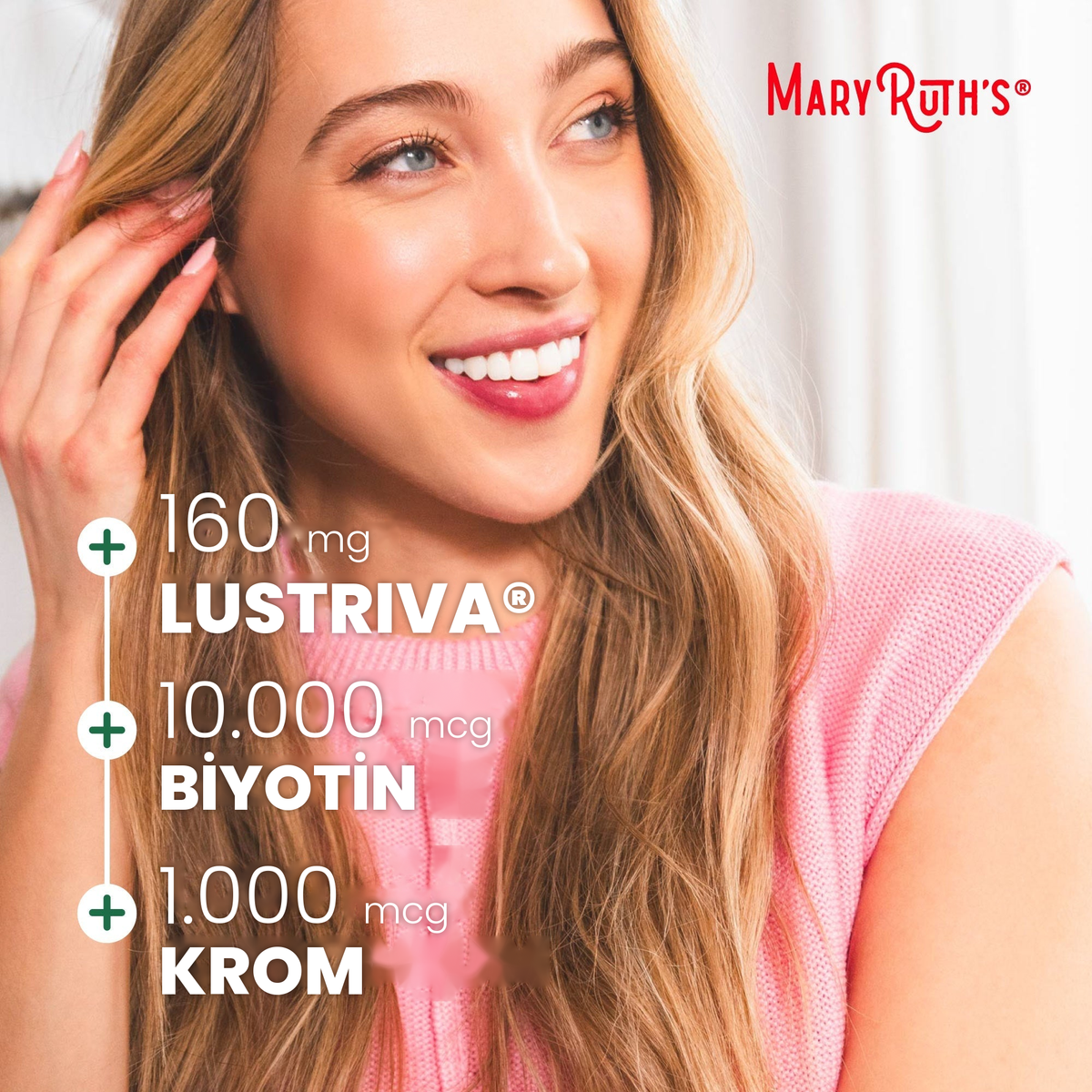 MaryRuth Organics görseli: porsiyon başına 160 mg Lustriva, 10.000 mcg biotin ve 1000 mcg krom