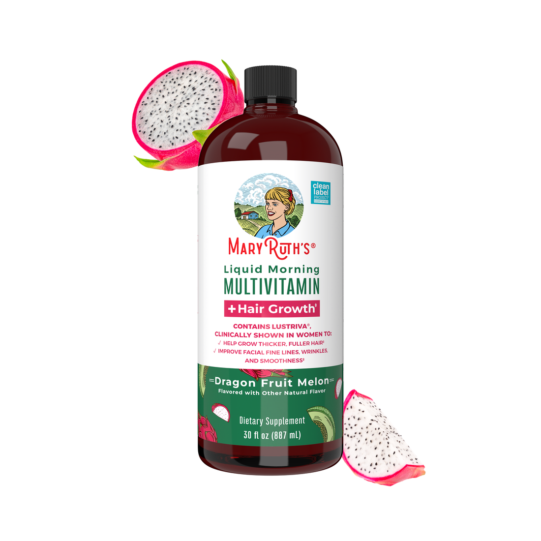 MaryRuth Organics Liquid Morning Multivitamin + Hair Growth 887 ml bottle, dragon fruit melon flavour