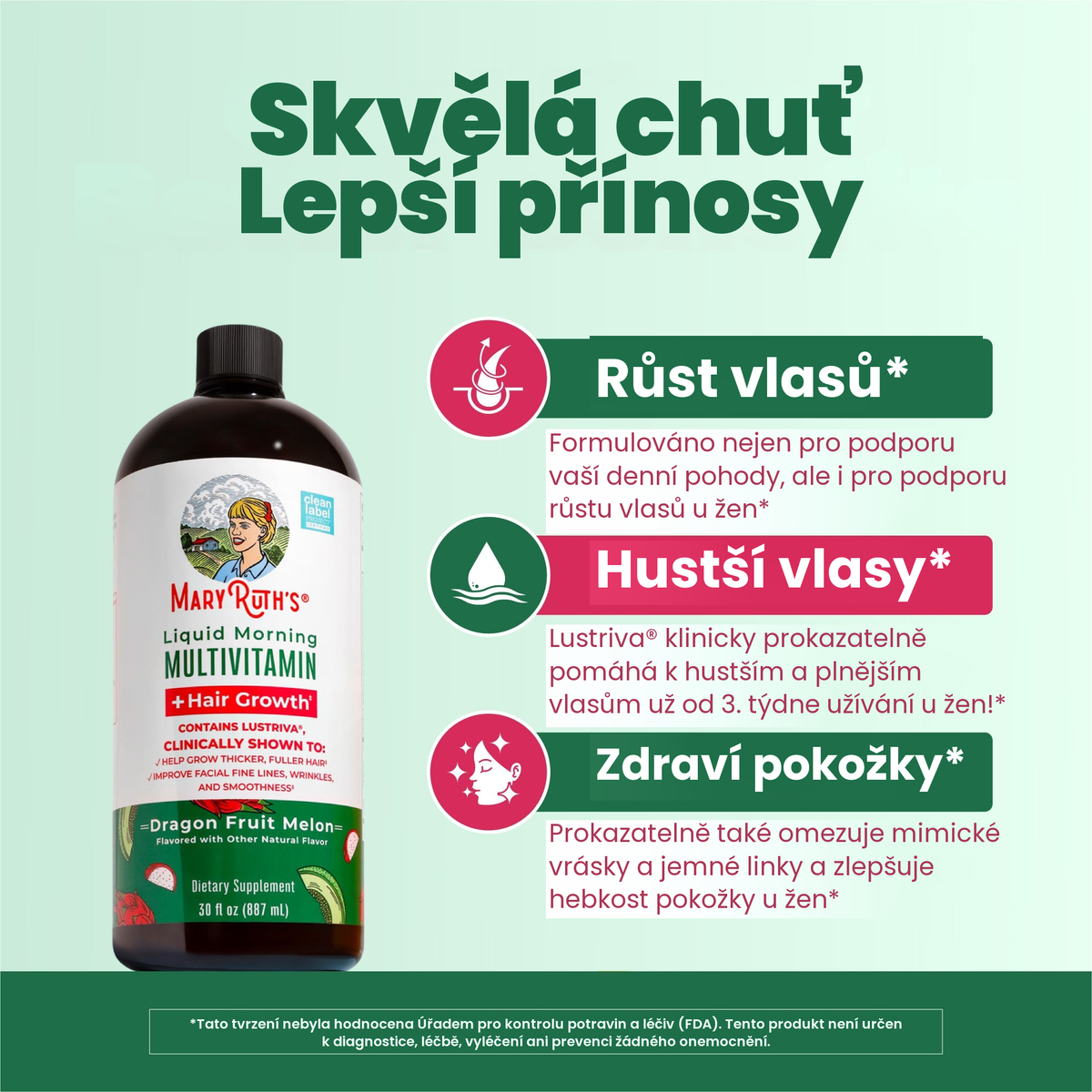 Lahvička s příchutí dračího ovoce a melounu vedle panelů MaryRuth o růstu vlasů, hustších vlasech a zdraví pokožky