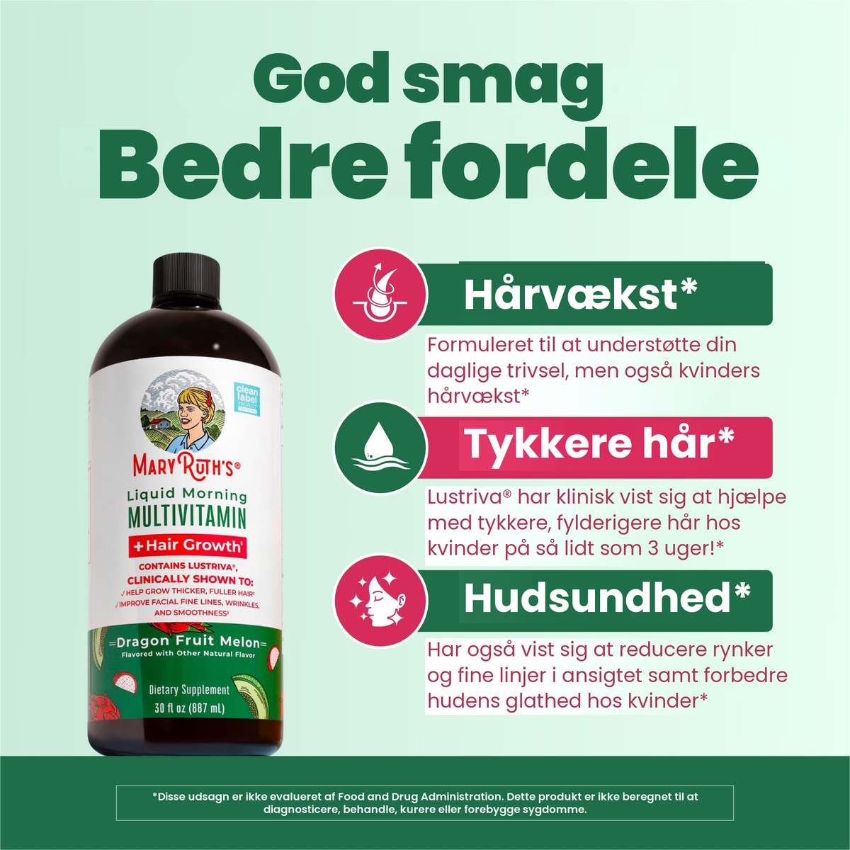 Flaske med dragefrugt og melon ved siden af MaryRuths paneler om hårvækst, tykkere hår og hudsundhed