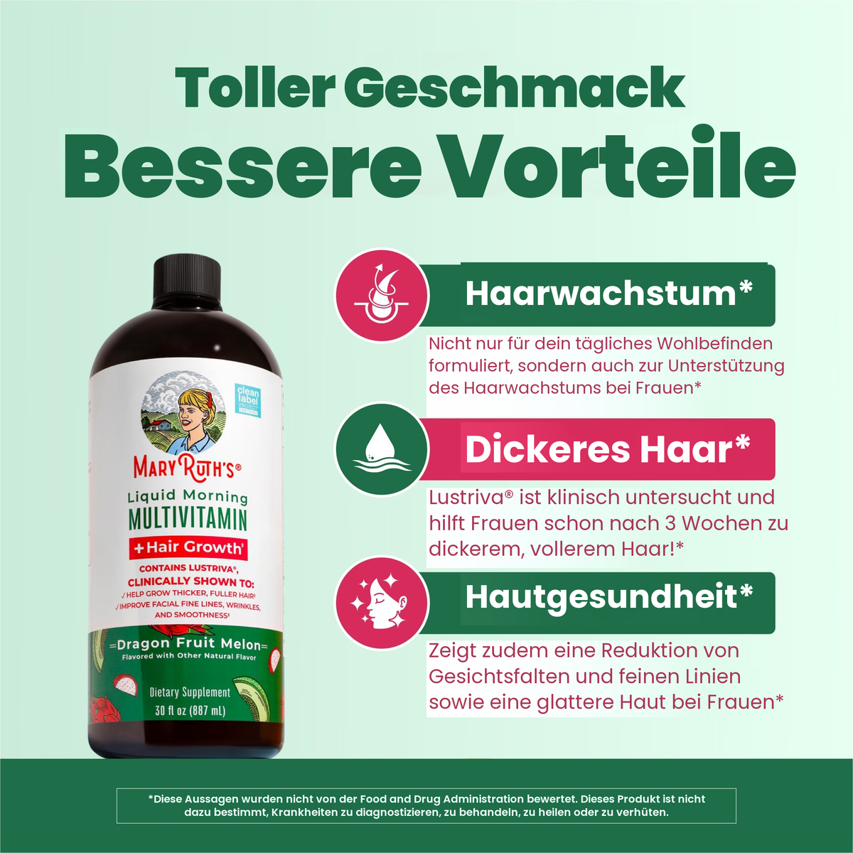 Flasche mit Drachenfrucht-Melone neben den MaryRuth-Panels zu Haarwachstum, kräftigerem Haar und Hautgesundheit