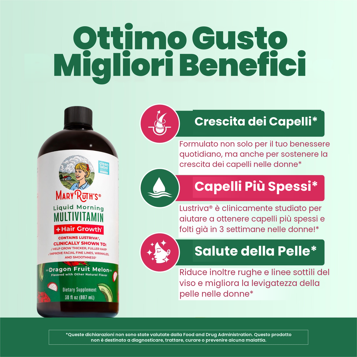 Flacone al frutto del drago e melone accanto ai pannelli MaryRuth su crescita dei capelli, capelli più spessi e salute della pelle