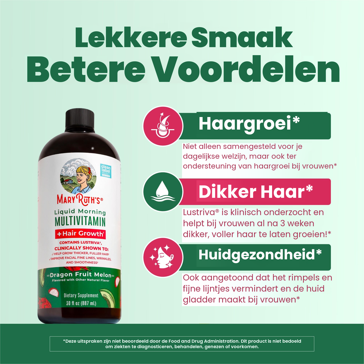 Fles met drakenvrucht-meloensmaak naast de MaryRuth-panelen over haargroei, voller haar en een gezonde huid