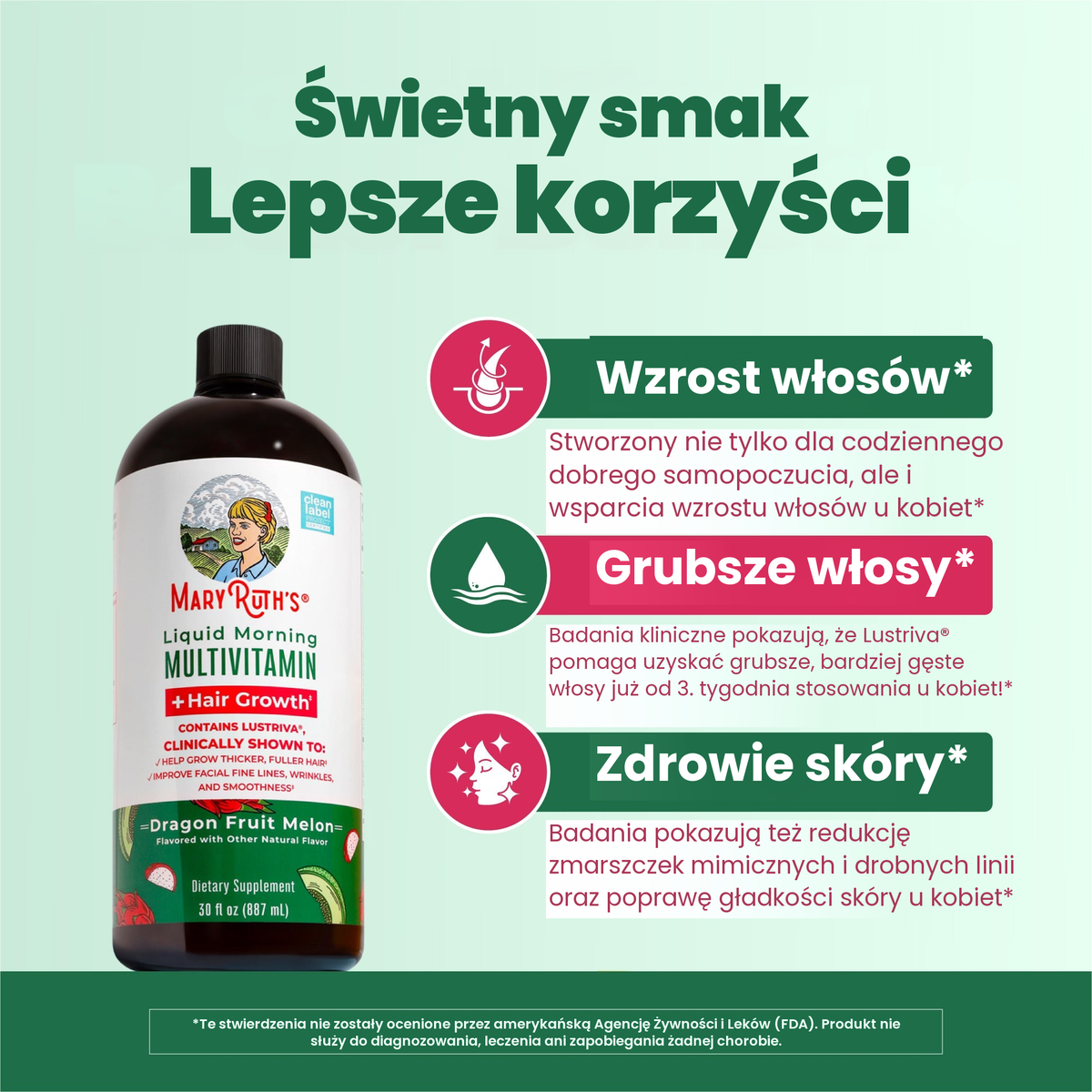 Butelka o smaku smoczego owocu i melona obok grafik MaryRuth o wzroście włosów, gęstszych włosach i zdrowiu skóry
