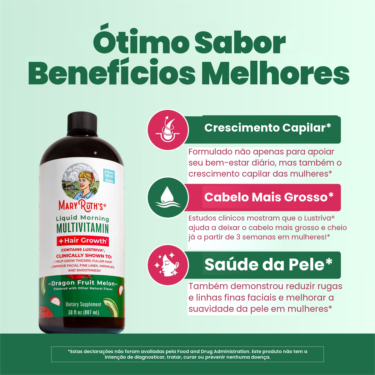 Frasco de pitaia com melão ao lado dos painéis MaryRuth sobre crescimento capilar, cabelo mais grosso e saúde da pele