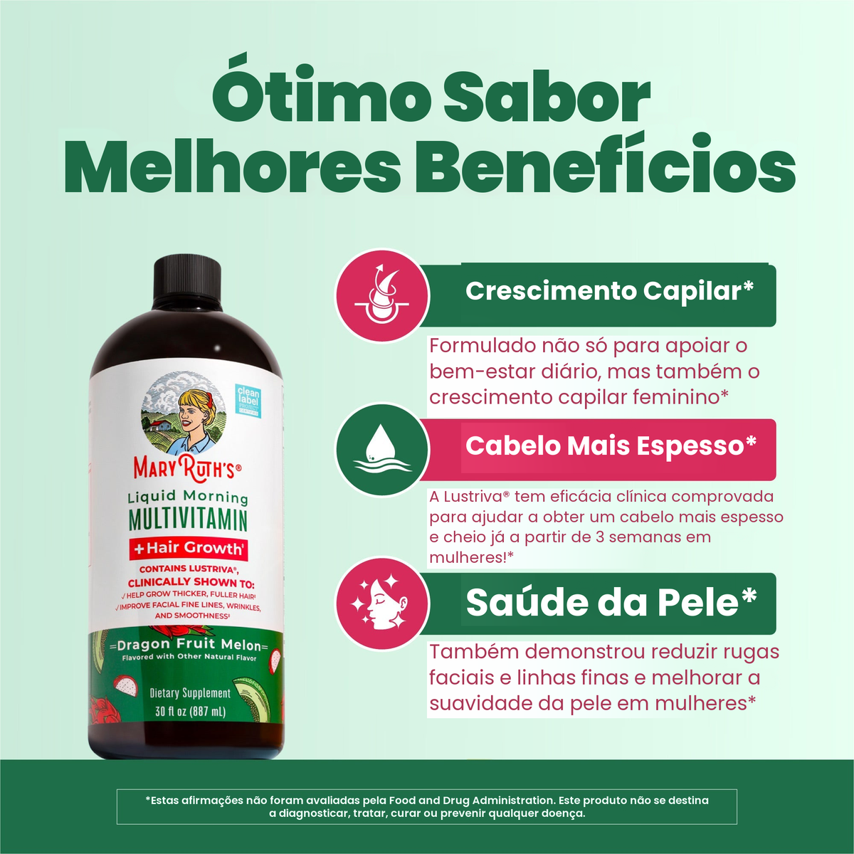 Frasco de pitaia e melão ao lado dos painéis MaryRuth sobre crescimento capilar, cabelo mais espesso e saúde da pele