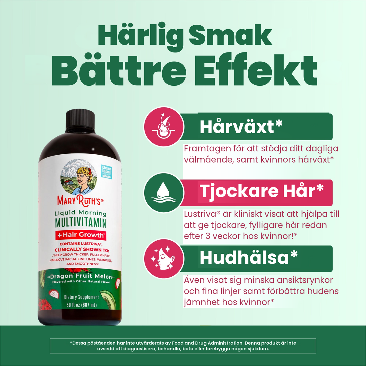 Flaska med drakfrukt och melon bredvid MaryRuths paneler om hårtillväxt, tjockare hår och hudhälsa