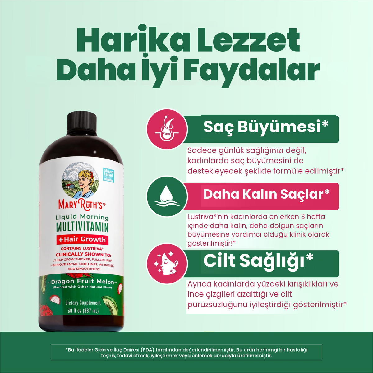 Ejder meyvesi ve kavun aromalı şişe, MaryRuth'un saç büyümesi, daha gür saç ve cilt sağlığı görselleri yanında