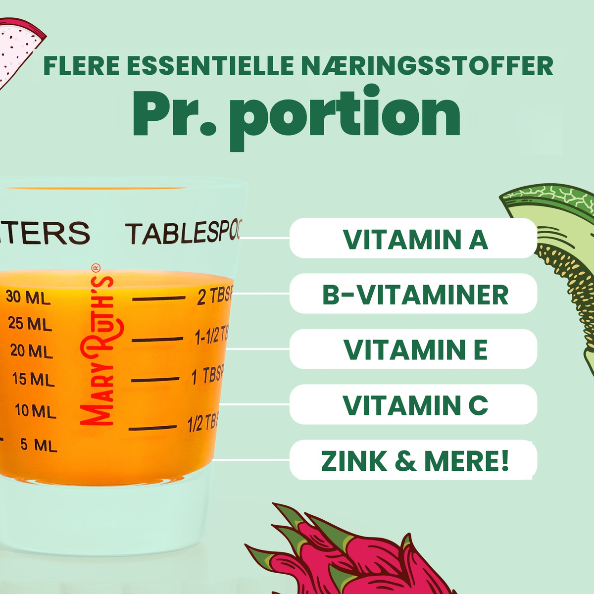 Flere essentielle næringsstoffer i hver portion: vitamin A, B-vitaminer, vitamin E, vitamin C, zink og mere, vist i et doseringsbæger på 30 ml
