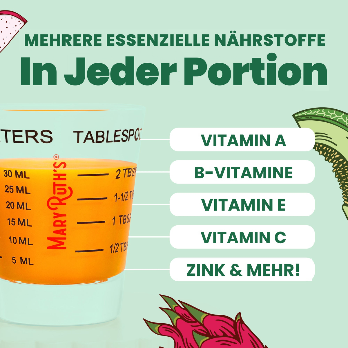 Mehrere essenzielle Nährstoffe pro Portion: Vitamin A, B-Vitamine, Vitamin E, Vitamin C, Zink und mehr, gezeigt in einem 30-ml-Dosierbecher