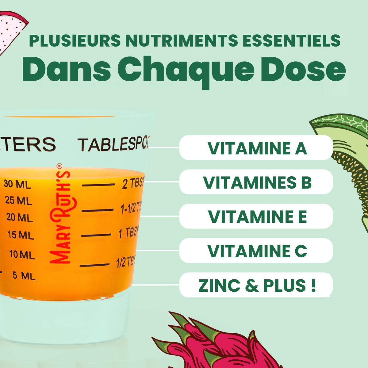 Plusieurs nutriments essentiels par dose : vitamine A, vitamines B, vitamine E, vitamine C, zinc et plus, présentés dans un godet doseur de 30 ml