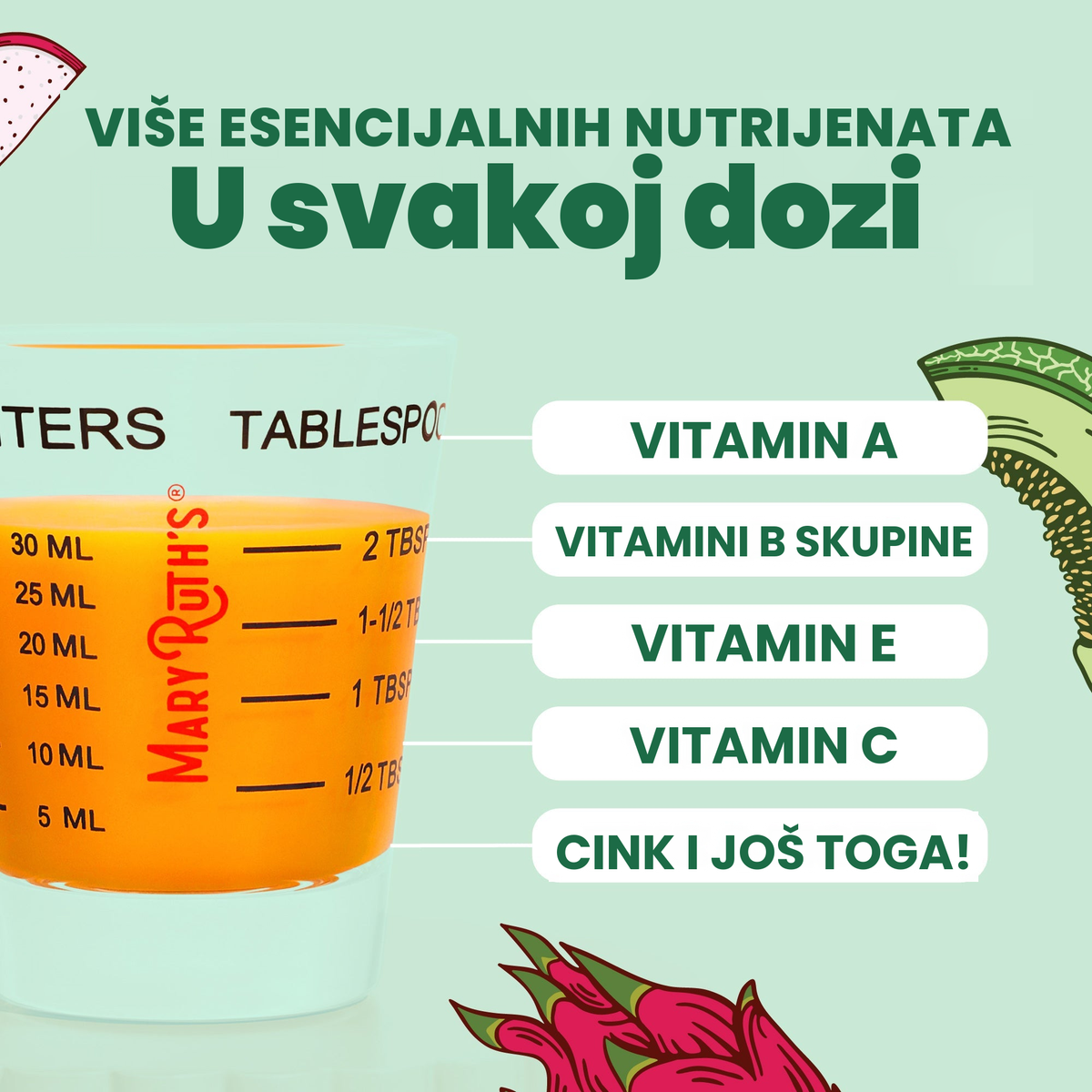 Više esencijalnih hranjivih tvari u svakoj porciji: vitamin A, vitamini B skupine, vitamin E, vitamin C, cink i još, prikazani u mjernoj čašici od 30 ml
