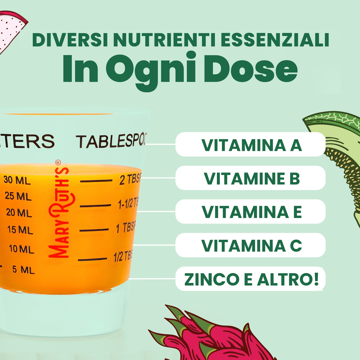 Diversi nutrienti essenziali in ogni dose: vitamina A, vitamine del gruppo B, vitamina E, vitamina C, zinco e altro, mostrati in un misurino da 30 ml