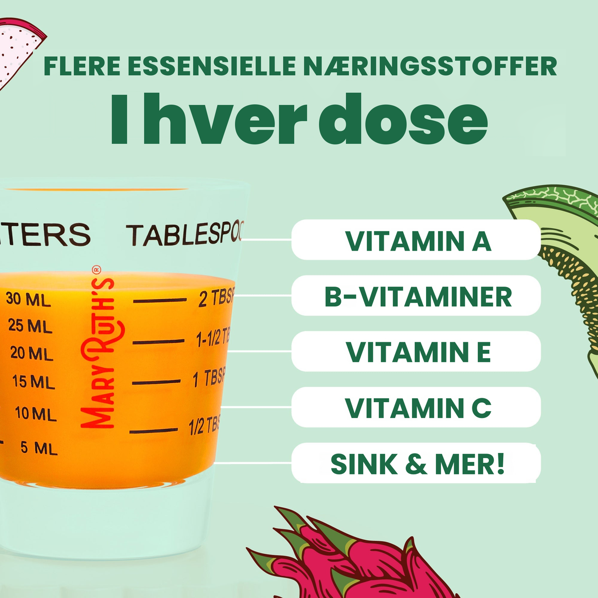 Flere essensielle næringsstoffer i hver porsjon: vitamin A, B-vitaminer, vitamin E, vitamin C, sink og mer, vist i et doseringsbeger på 30 ml