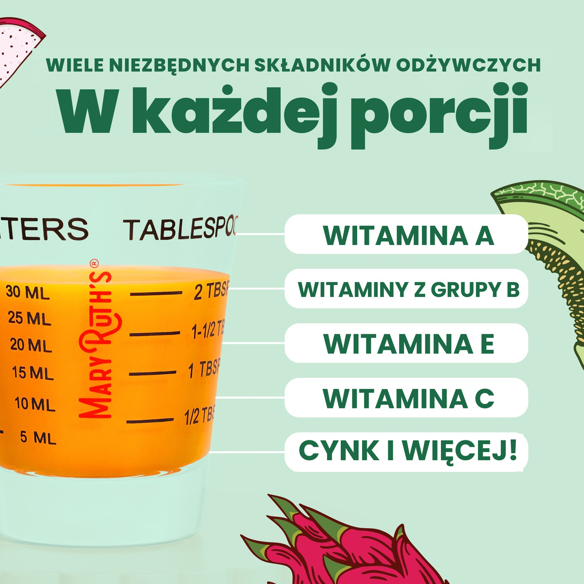 Wiele niezbędnych składników odżywczych w każdej porcji: witamina A, witaminy z grupy B, witamina E, witamina C, cynk i inne, pokazane w miarce 30 ml