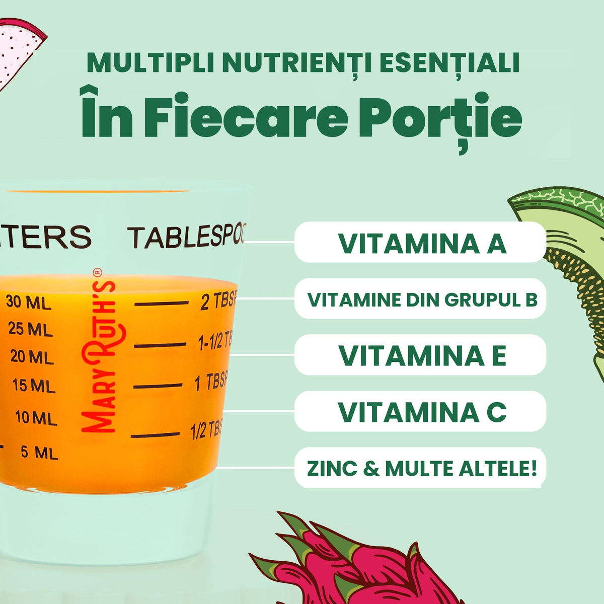 Mai mulți nutrienți esențiali în fiecare porție: vitamina A, vitaminele B, vitamina E, vitamina C, zinc și altele, prezentate într-un pahar de dozare de 30 ml