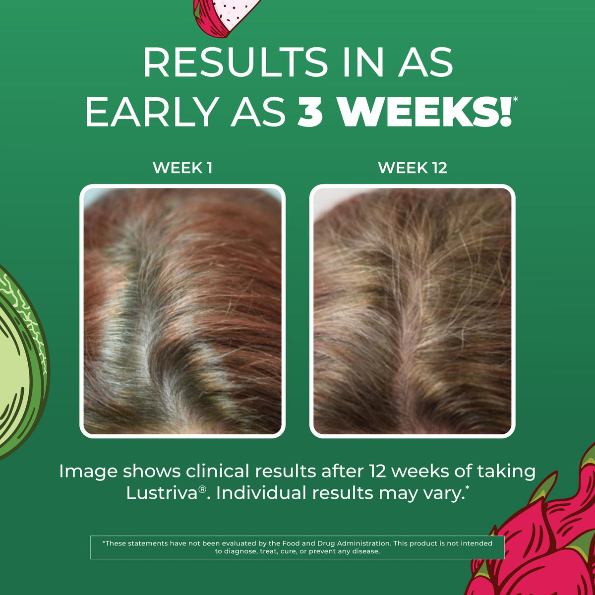 MaryRuth Organics clinical imagery for Lustriva, showing hair at week 1 beside week 12