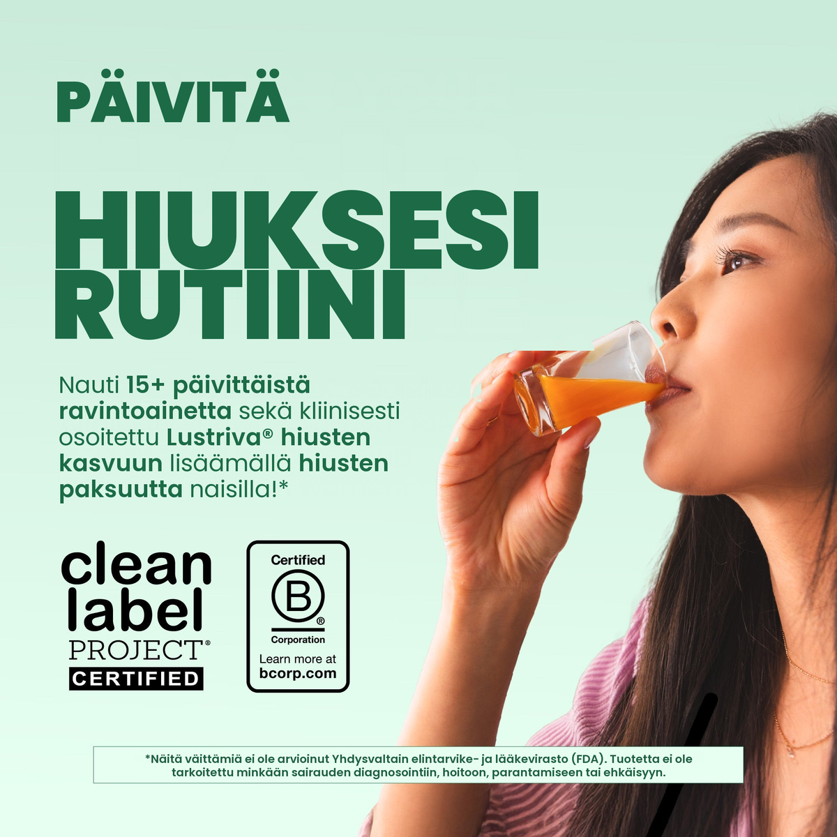 Nainen juo lohikäärmehedelmä-melonin makuista multivitamiinia, mukana Clean Label Project Certified- ja Certified B Corporation -merkit