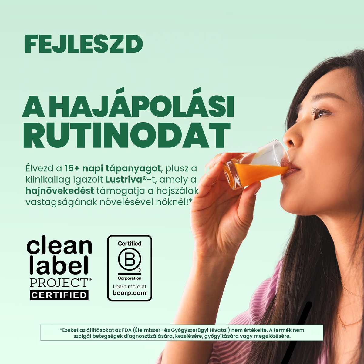 Nő issza a sárkánygyümölcs-dinnye ízű multivitamint, Clean Label Project Certified és Certified B Corporation jelzésekkel