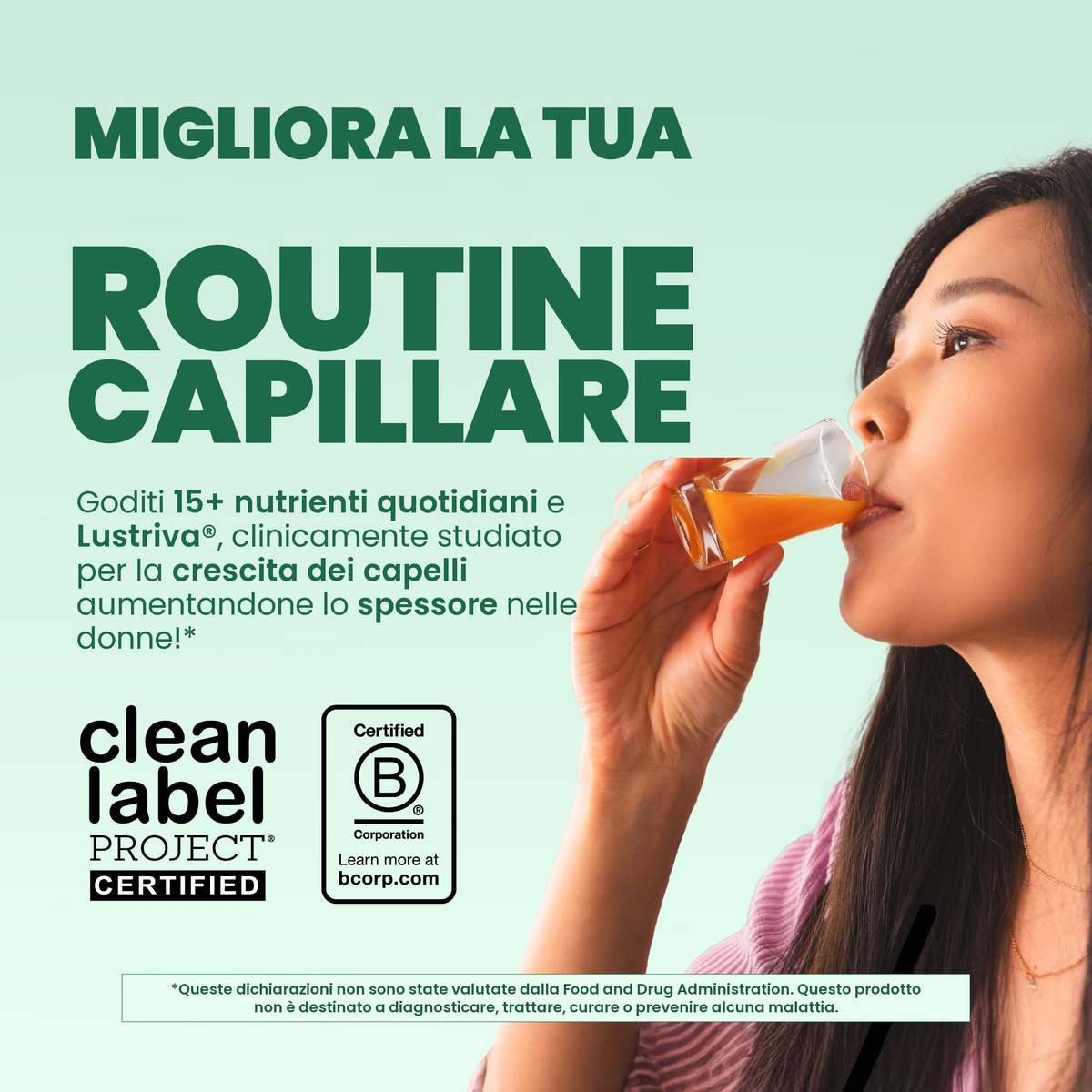 Donna che beve il multivitaminico al frutto del drago e melone, con i marchi Clean Label Project Certified e Certified B Corporation
