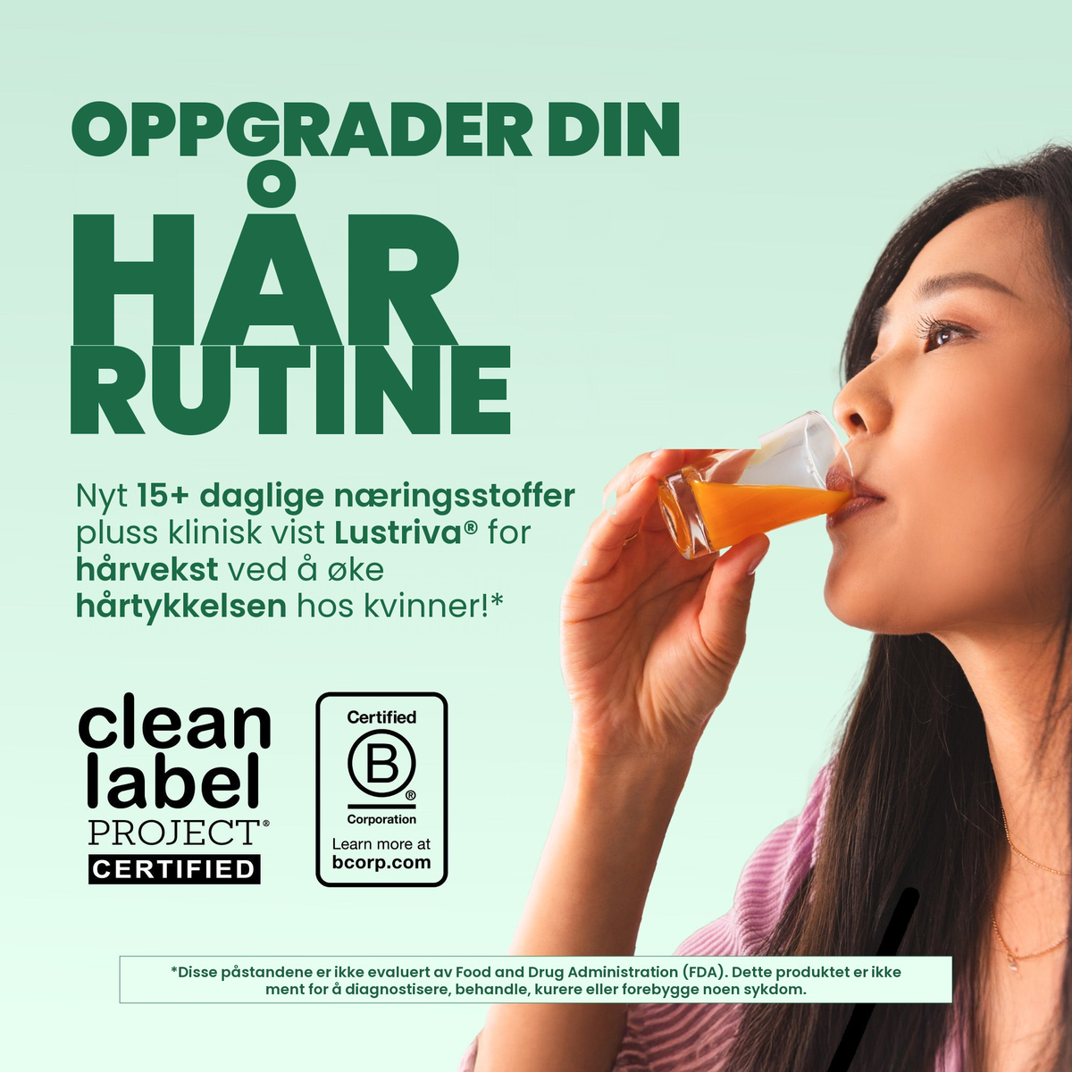 Kvinne som drikker multivitaminen med dragefrukt og melon, med merkene Clean Label Project Certified og Certified B Corporation