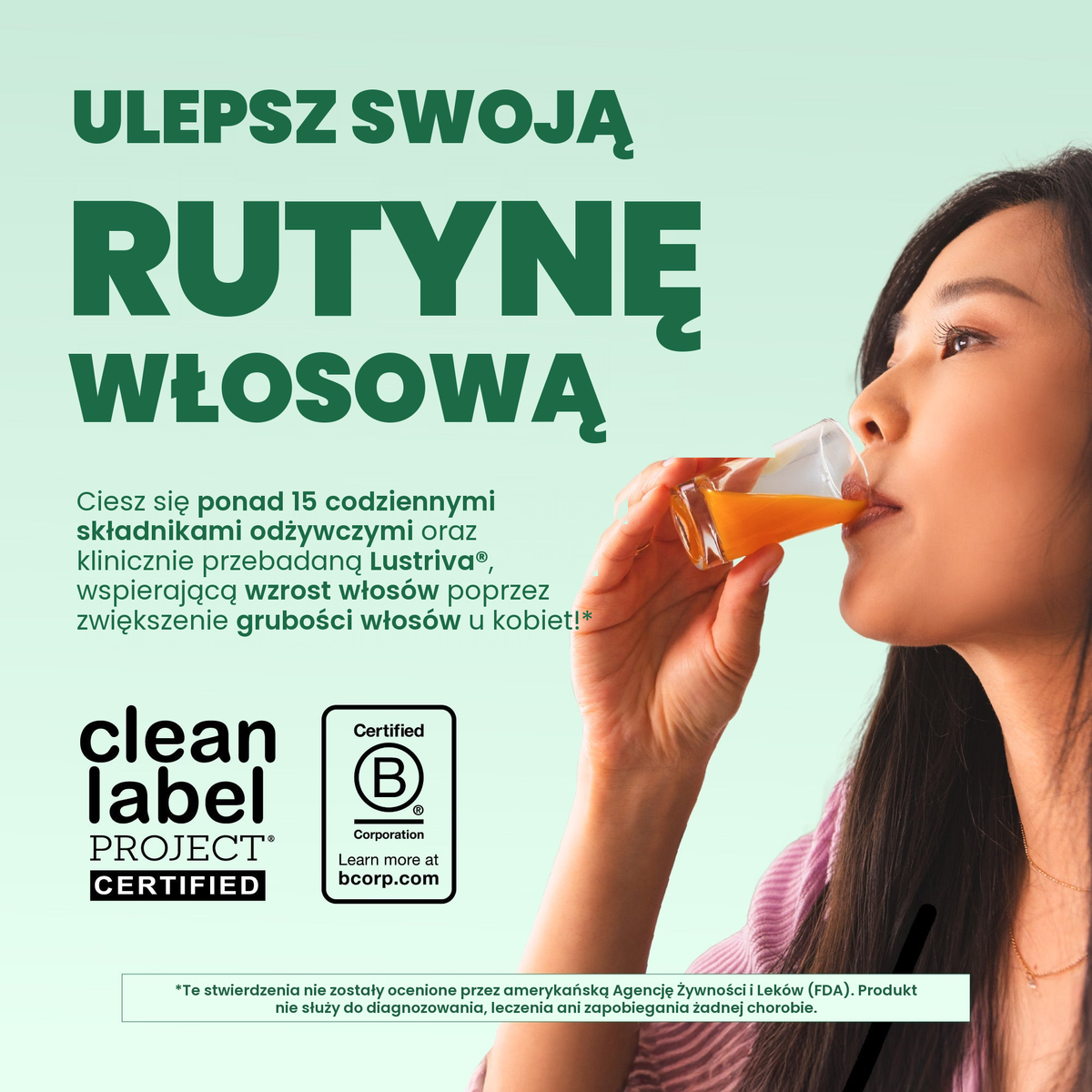 Kobieta pijąca multiwitaminę o smaku smoczego owocu i melona, ze znakami Clean Label Project Certified i Certified B Corporation