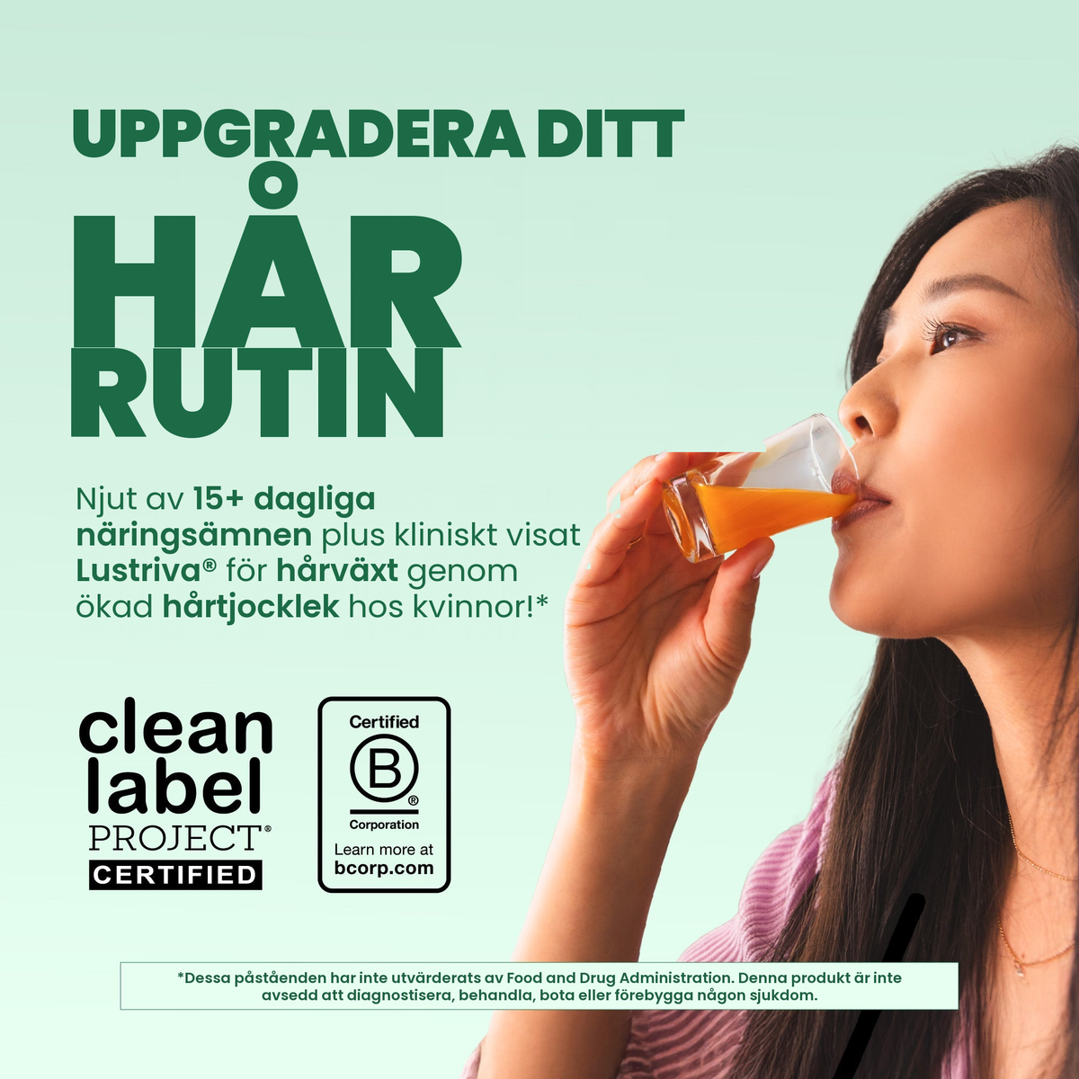 Kvinna som dricker multivitaminen med drakfrukt och melon, med märkena Clean Label Project Certified och Certified B Corporation