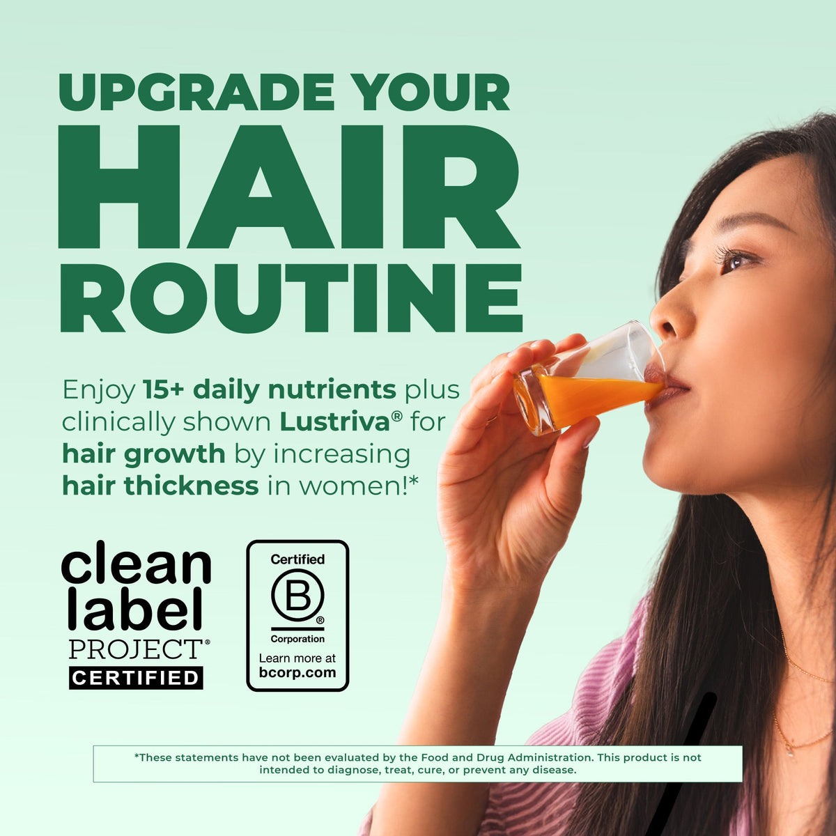 Woman drinking the dragon fruit melon multivitamin, with Clean Label Project Certified and Certified B Corporation marks