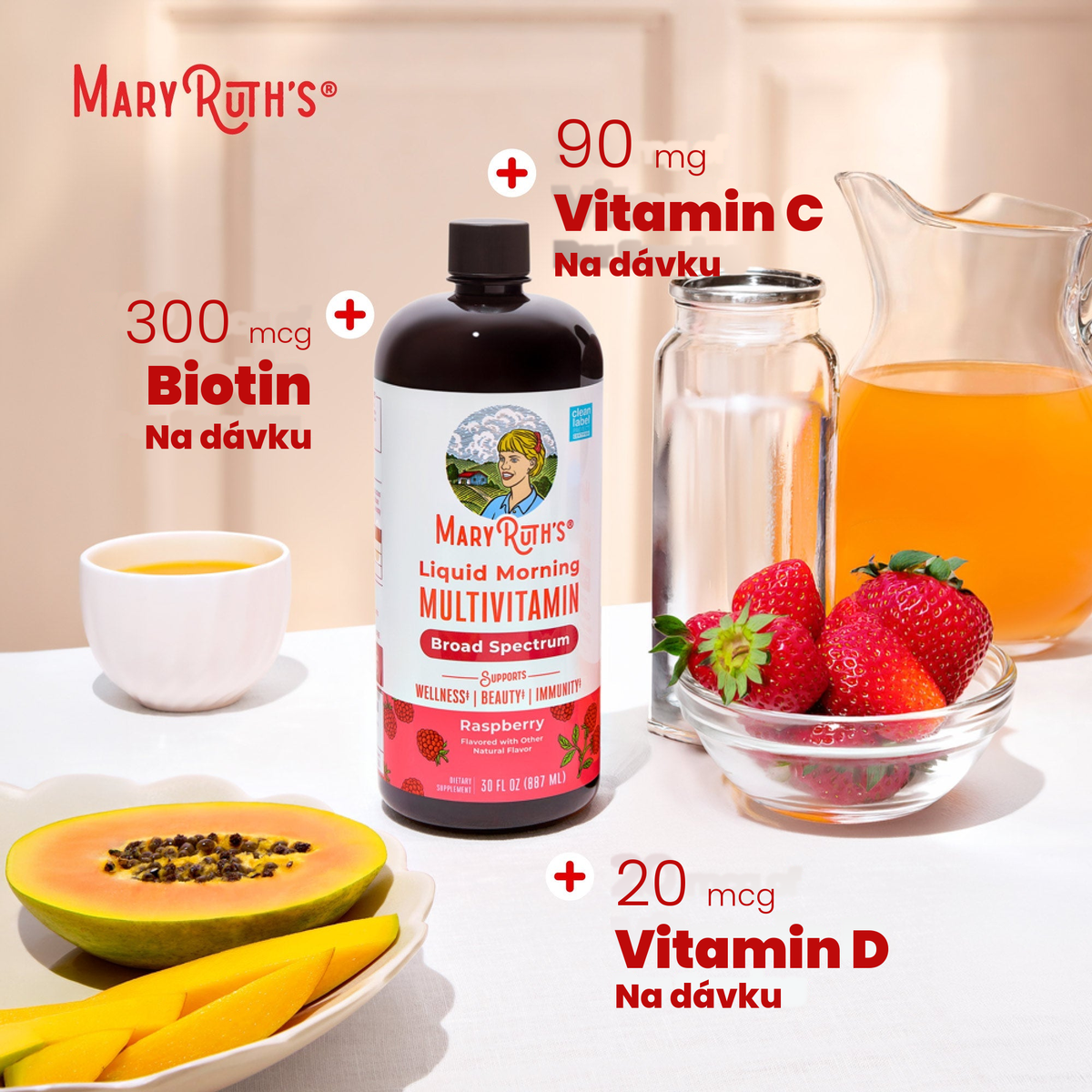 Panel MaryRuth Organics s 300 mcg biotinu, 90 mg vitaminu C a 20 mcg vitaminu D na dávku