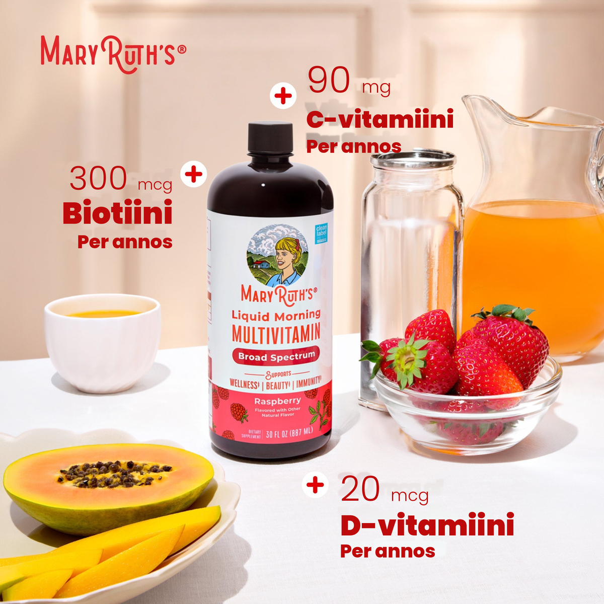 MaryRuth Organicsin kuva, jossa 300 mcg biotiinia, 90 mg C-vitamiinia ja 20 mcg D-vitamiinia annosta kohti